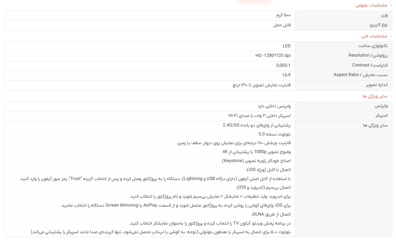 مشخصات فنی و کیفیت تصویر پروژکتور Hy300